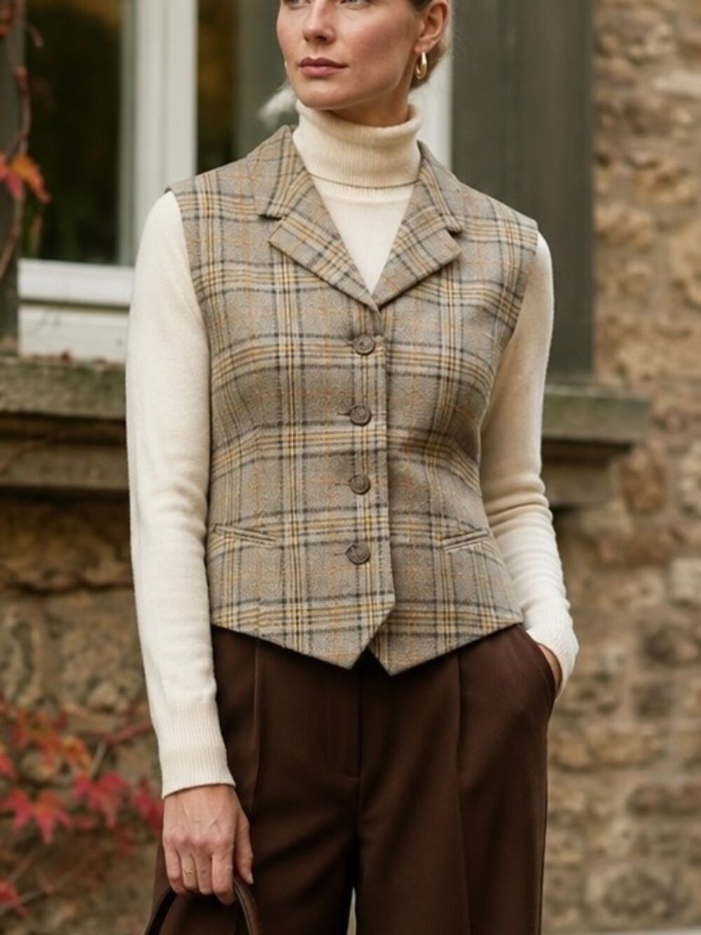 Laurel Virgin Wool Vest Tan Taupe Glen Plaid Tailored European (42/10)